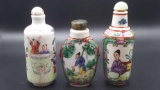 3 older vintage porcelain Chinese snuff bottles