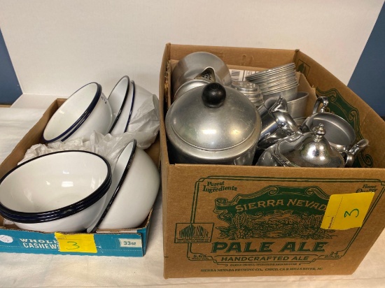 enamel ware bowl, silverplate items