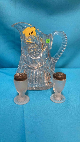Early American Pattern glass pitcher, salt and pepper shaker