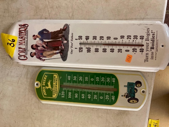 Two thermometers John Deere 4 x 12?, golf masters instructional academy 5 x 17?