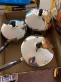 Three Farberware sauce pans, Miscellaneous flatware, custard cups, mixing bowl, pie pan, salt and