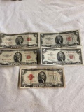 5 US 2 dollar bills, 1928, 1953, 1963