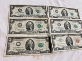 6 total US 2 dollar bills, 1976, 1963