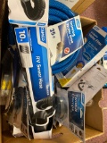 One box of drinking water hoses, twist clamps, sewer hoses, water pressure regulators filters and