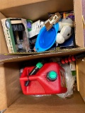 2 boxes new items, gas can, snowbrush, DVDs, souvenirs, boot brush, slime and more