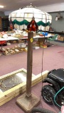 antique oak floor lamp base, with modern stained glass and leaded glass shade