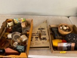 two flats of miscellaneous collectibles, wood, mugs, glass, golf balls, old radio, GATES farm sign