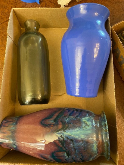 signed pottery, vase, hand blown glass bottle