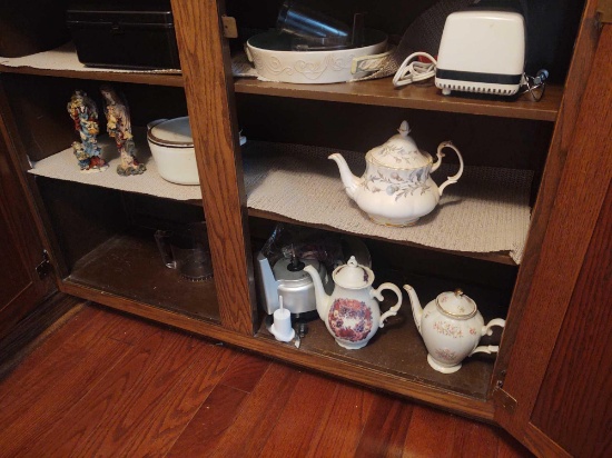 Contents of Kitchen Cabinet inc. Tea Pots, Dishes, Pots, Pans, Toaster Oven