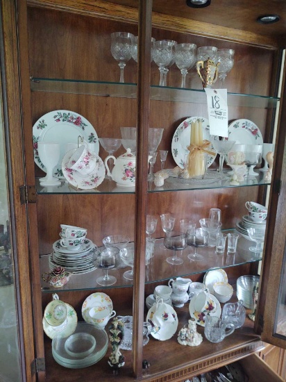 Contents of Hutch inc. Stemware, Monarch China, Assorted Tea Cups & Figurines