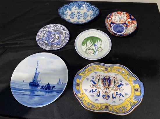 13" Chinese platter w/ handles, Delft charger, Oimbra Portugal plate, Makkum blue bowl.