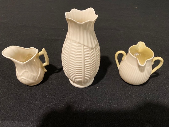 Irish Belleek 6 3/4" vase & (2) Belleek creamers