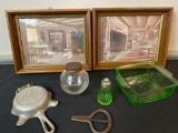Glass baseball coin bank, Griswold cast metal ash tray, (2) prints, etc.