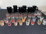 (6) Black glass mugs, (8) Budweiser shots, (15) State souvenir shots