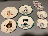 Collector plates, sugar, teapot.