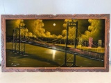 Signed bridge painting, 26 x 49 frame