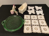 Dresden German lady figure (chips on lace dress), green depression glass tray, Napco clown, musical