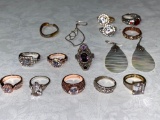(8) Sterling rings, (4) unmarked rings, pair sterling & 14K marked earrings.