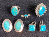 (2) Pairs sterling turquoise earrings, sterling roadrunner, (2) turquoise rings.
