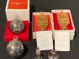 Reed & Barton Metal Holly Balls (1976, 1977), (2) 1977 Tree Castle ornaments, (2) small bells.