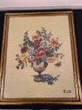 Floral needlepoint scene, signed 