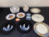 Westmoreland skate scene plates, Nippon jar w/ lid, (3) hand painted plates