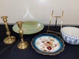 (2) Brass candle sticks, Stoke On Trent pansy plate, 16