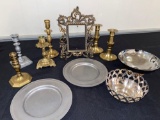 (6) Candle sticks, metal picture frame, silverplate bowls, pewter style plates