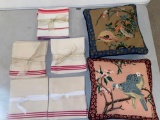 (2) Needlepoint bird scene pillows, placemat towels.