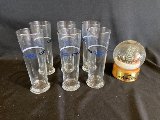 (6) Bud Light Glasses, Budweiser Snow Globe