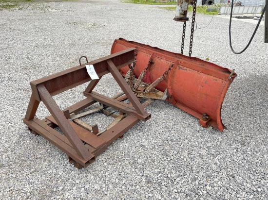 7.5ft snow blade, bolted to forklift conversion frame