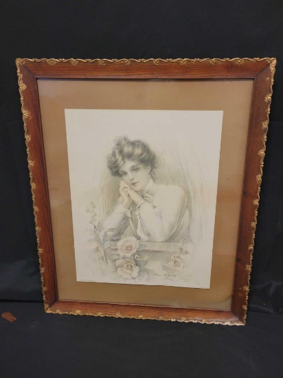 C. Allan Gilbert 1902 Print Holly Hocks, with antique oak frame