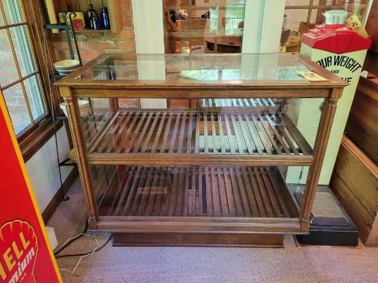 Antique oak store display cabinet with wood slat shelves