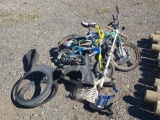 3 Bicycles, a scooter, protective sports gear, rubber saddle