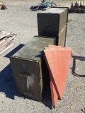 two filing cabinets and two triangular metal plates