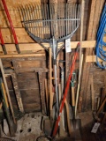 Shovels, rakes, pinch bar, yard tools