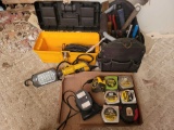 Rotozip rebel, work light, tool bag of assorted tools, box of tape measures