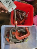 Small tote and bucket of assorted c clamps