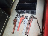 Assorted 14 inch pipe wrenches, 2 aluminum with tool box