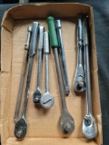 Box of assorted ratchets, Mac, Armstrong, Kobalt, extensions