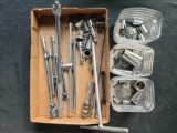 Box of sockets, extensions 1/2 and 3/8 drive, Thornsen breaker bar, Craftsman ratchet