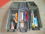 3 small plastic ammo cans of staplers, staples