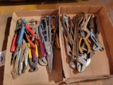2 boxes of assorted pliers, vise grips, crescent wrenches, cutters