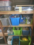 3 Shelves of electrical chargers, hard hats, welding helmets, conduit holders, electrical hardware