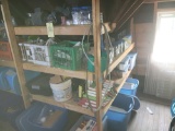 6 Shelves of lag screws, totes of books, window fans, celing fan, electric motors, brackets and more