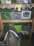 3 Shelves of electrical hardware, sleds, boxes, old cordless drills and more