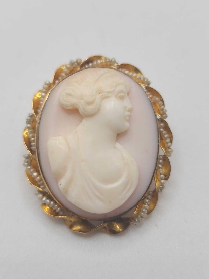 Old pink shell cameo, seed pearl 10k gold pin