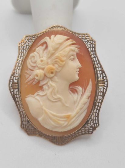Antique 10k gold filigree hand carved shell cameo pin brooch