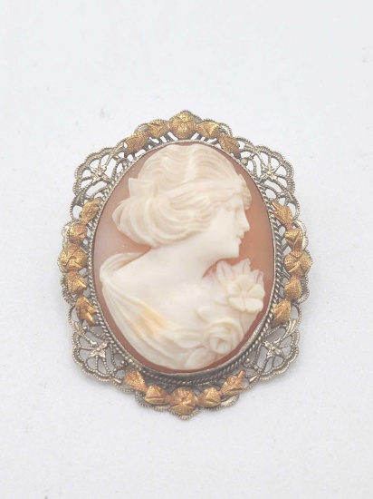Estate 10k white & rose gold cameo pin