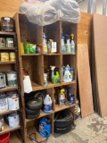 wood shelf and contents, tires, cleaners